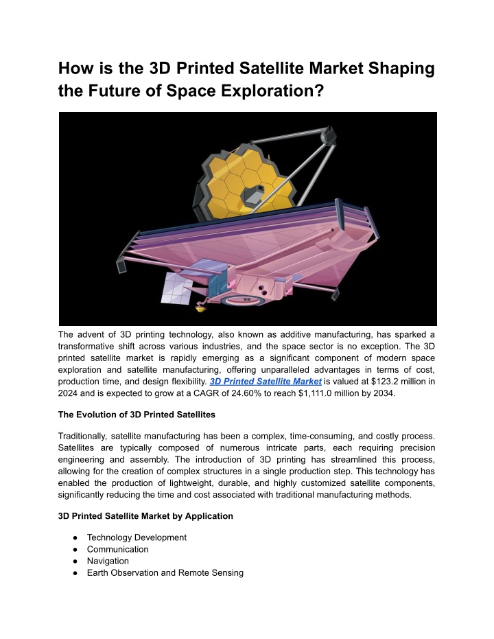 how is the 3d printed satellite market shaping