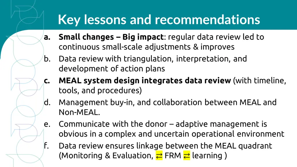 key lessons and recommendations