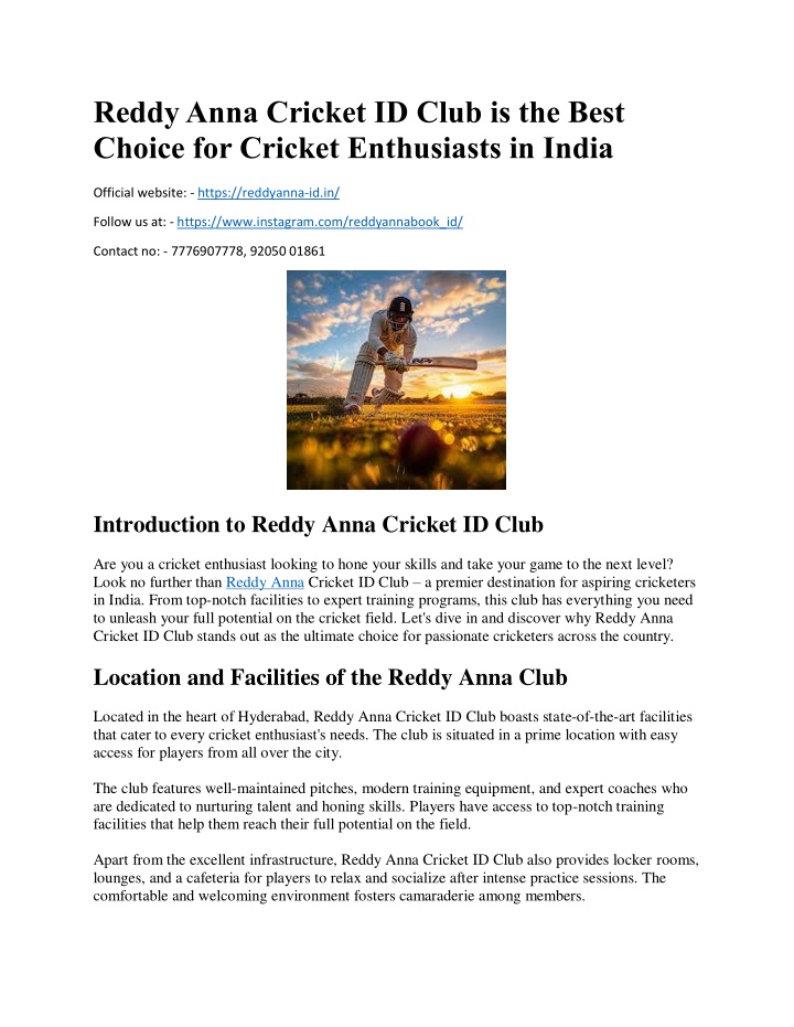 reddy anna cricket id club is the best choice