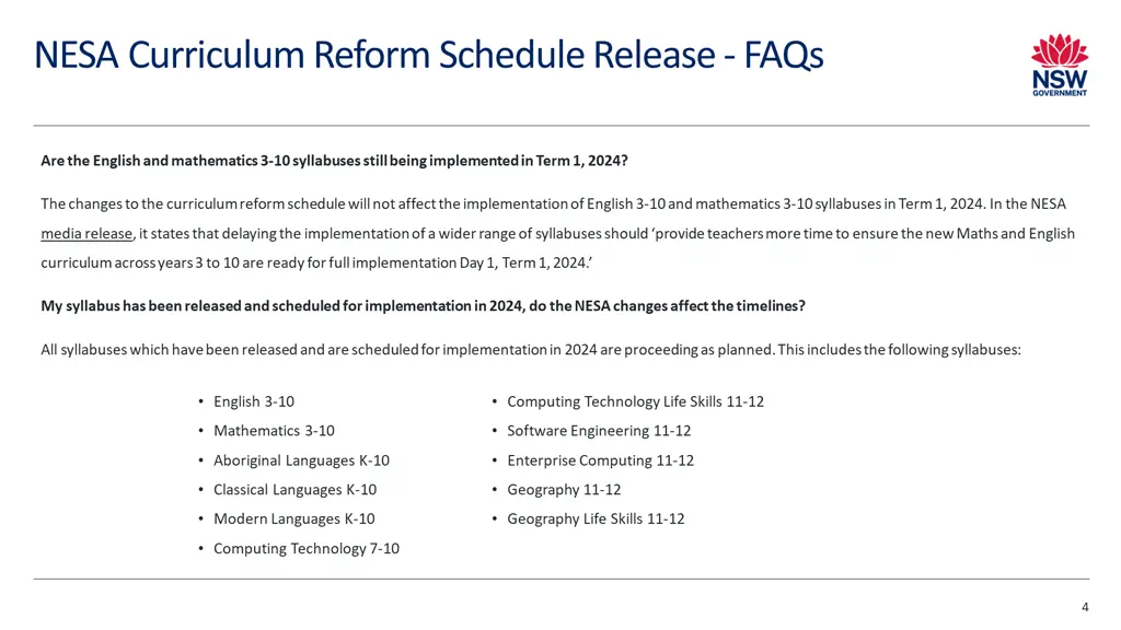 nesa curriculum reform schedule release faqs
