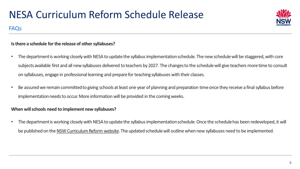 nesa curriculum reform schedule release