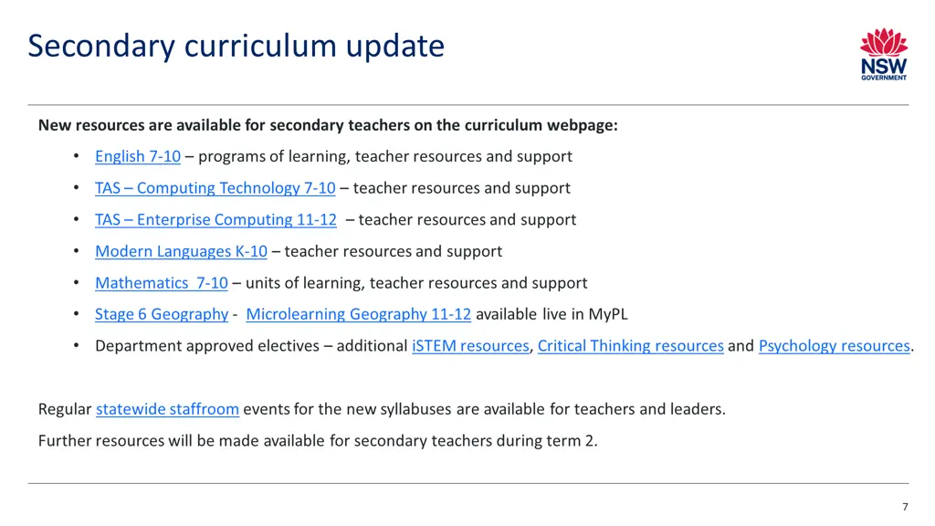 secondary curriculum update