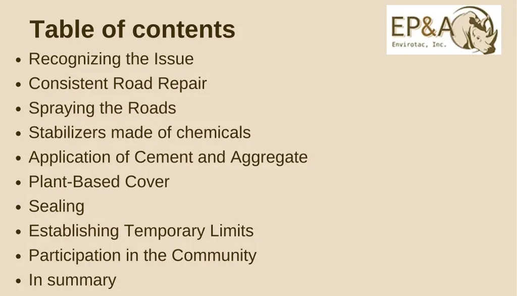 table of contents recognizing the issue