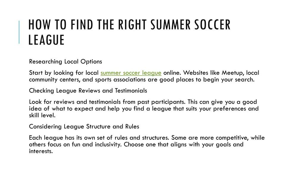 how to find the right summer soccer league