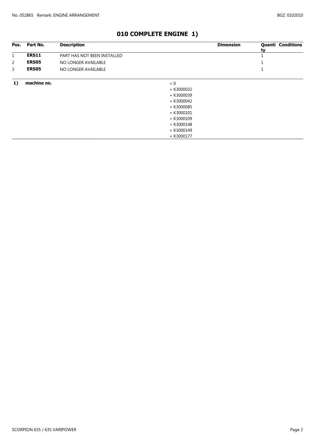 no 052865 remark engine arrangement 1