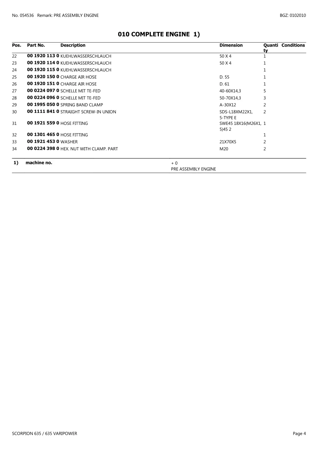 no 054536 remark pre assembly engine 3