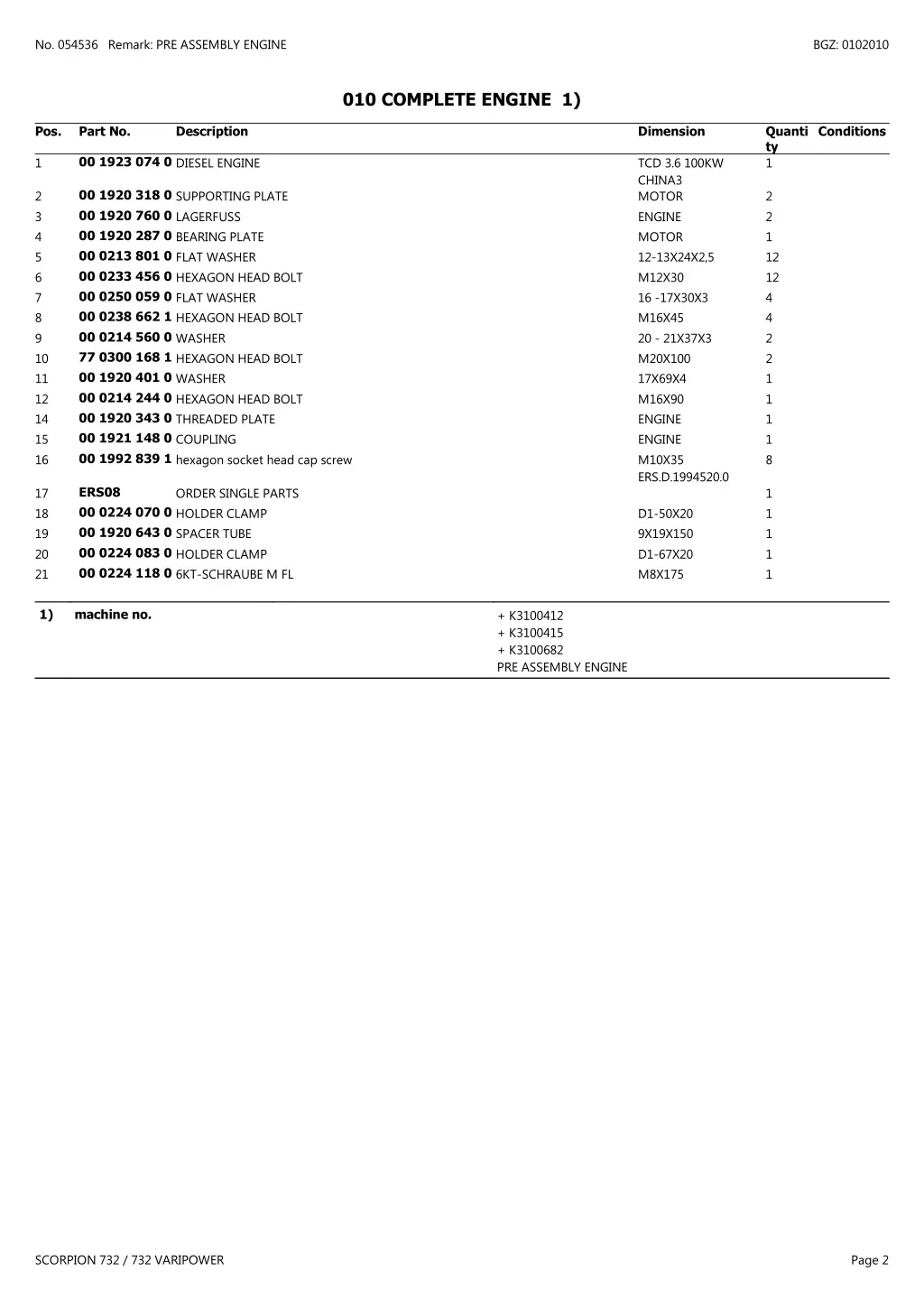 no 054536 remark pre assembly engine 1