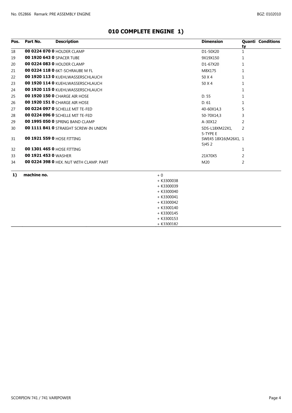 no 052866 remark pre assembly engine 3