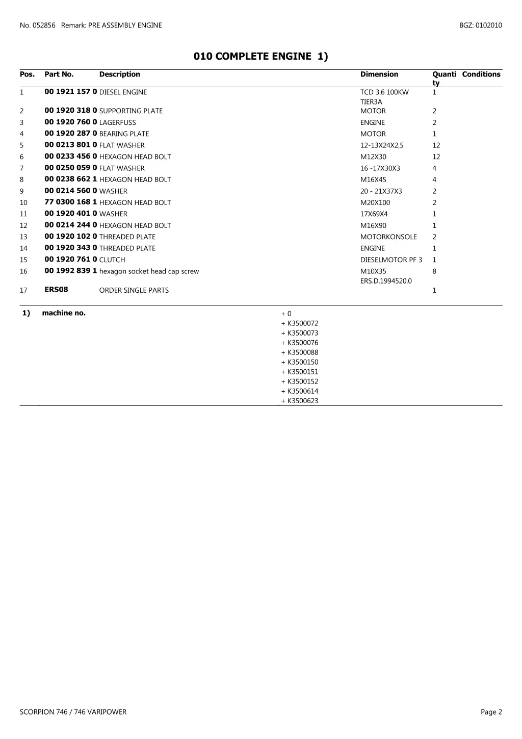 no 052856 remark pre assembly engine 1