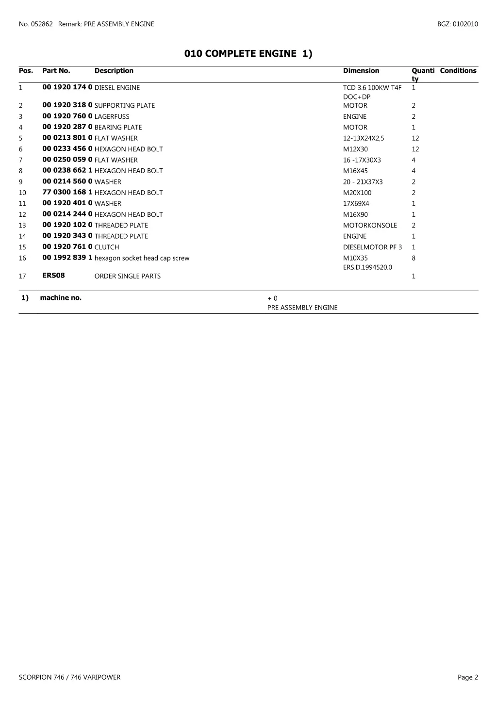 no 052862 remark pre assembly engine 1