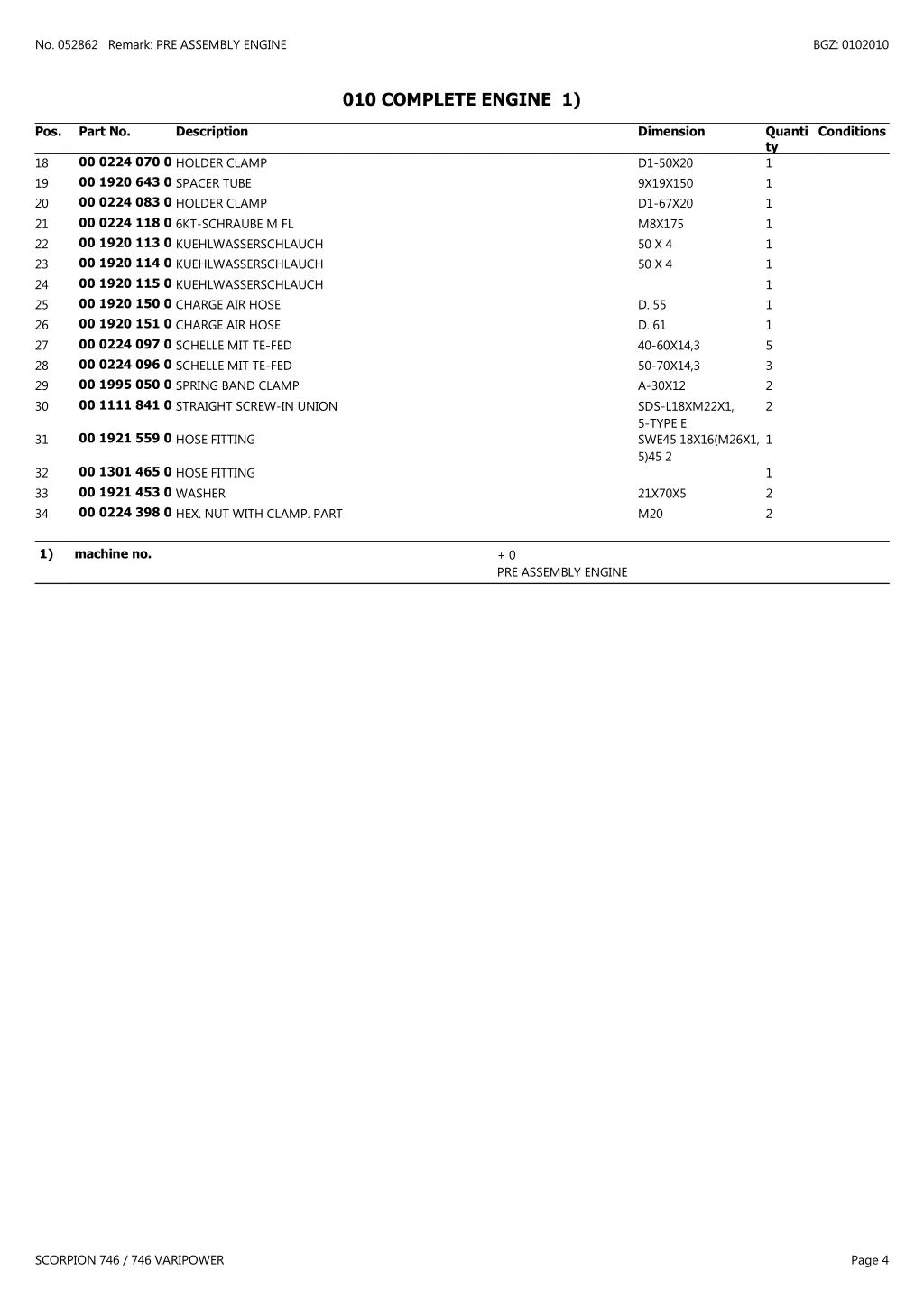 no 052862 remark pre assembly engine 3