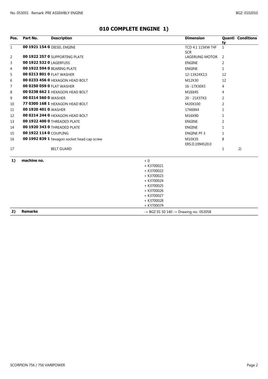 no 053055 remark pre assembly engine 1