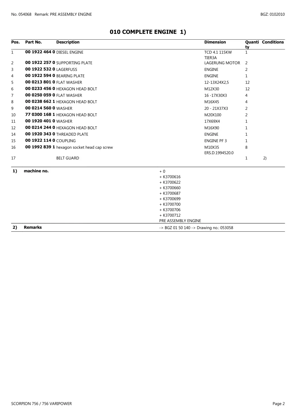 no 054068 remark pre assembly engine 1