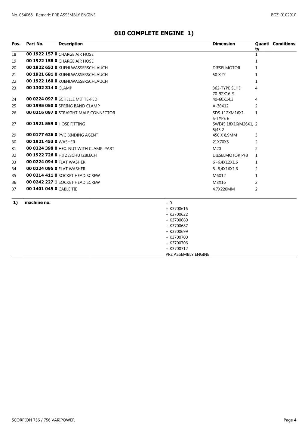 no 054068 remark pre assembly engine 3