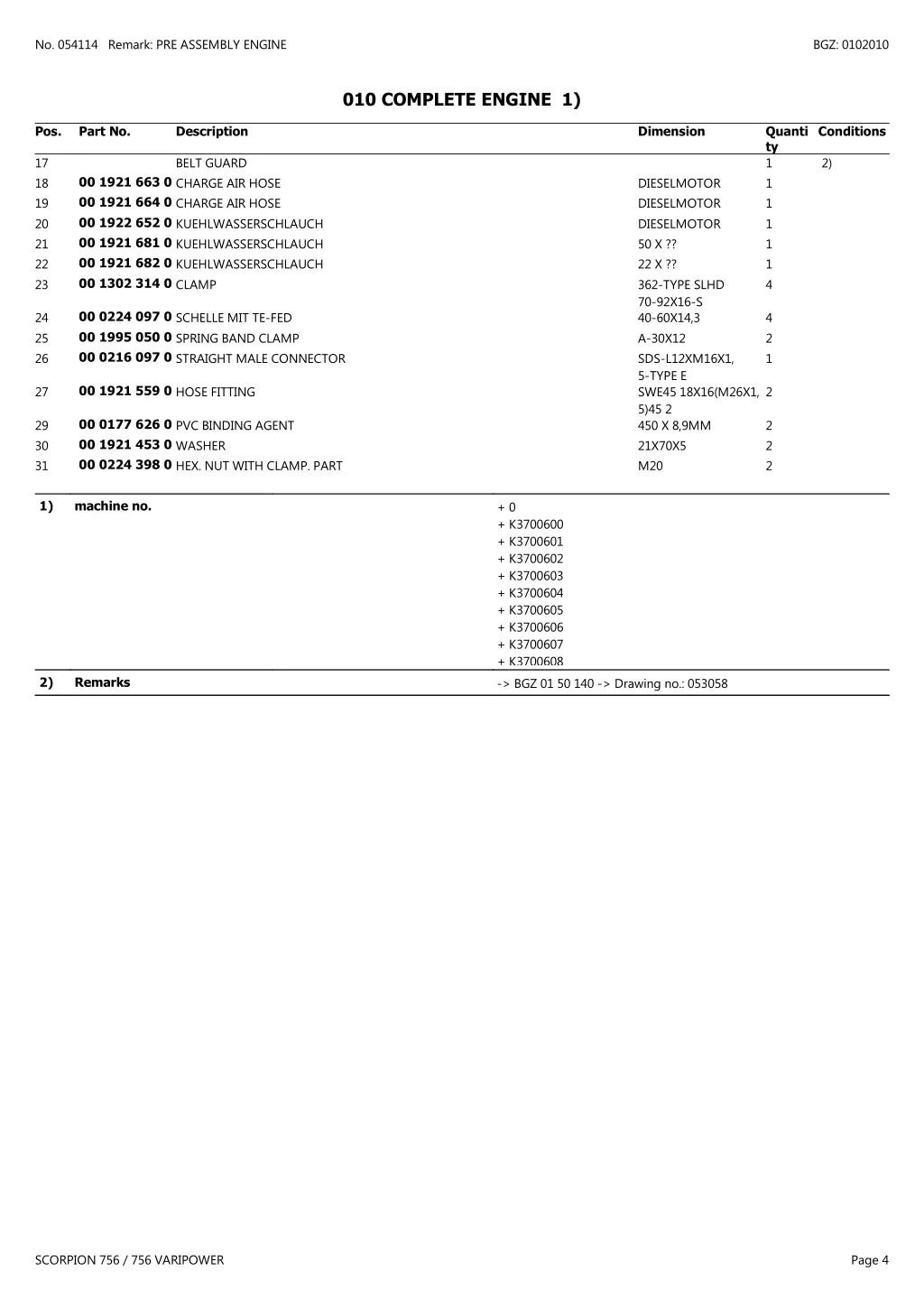 no 054114 remark pre assembly engine 3