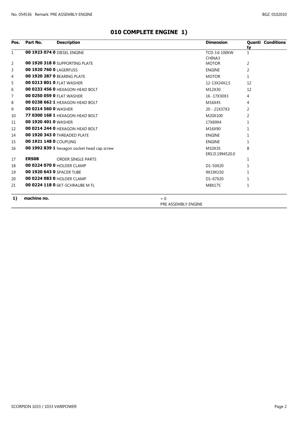 no 054536 remark pre assembly engine 1