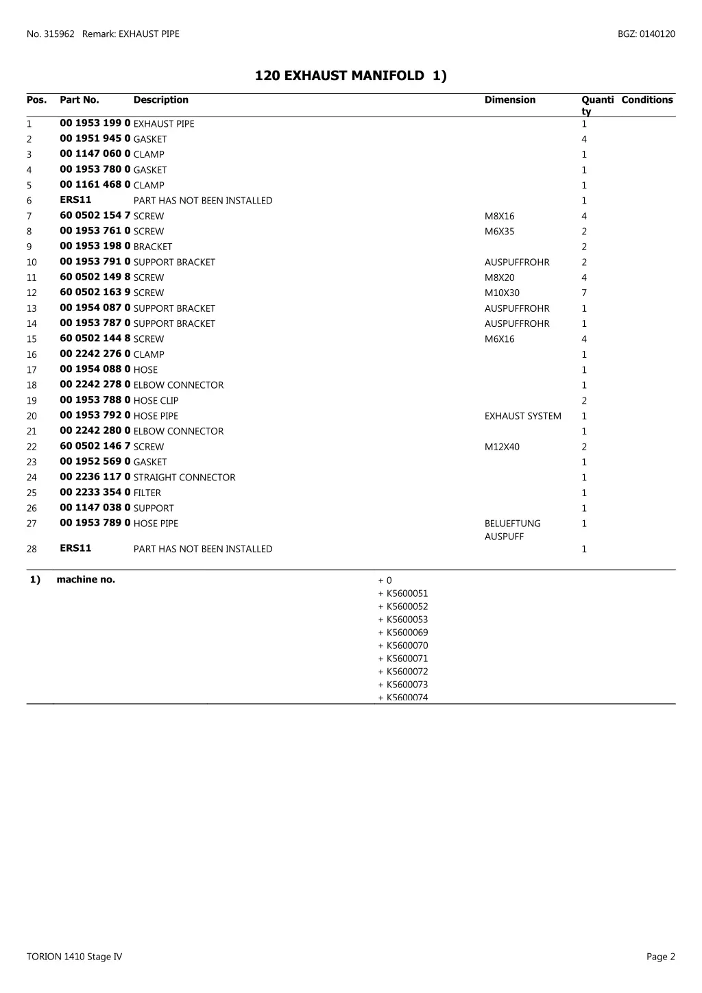 no 315962 remark exhaust pipe 1