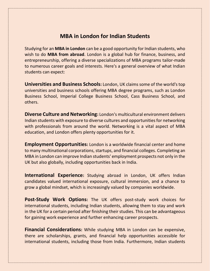 mba in london for indian students studying