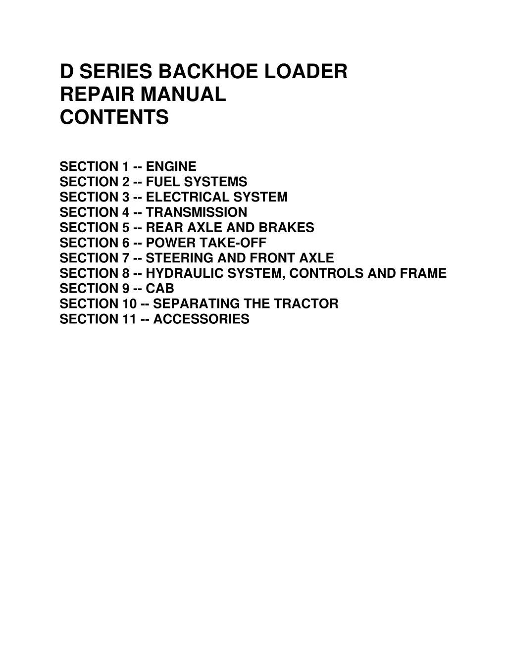 d series backhoe loader repair manual contents