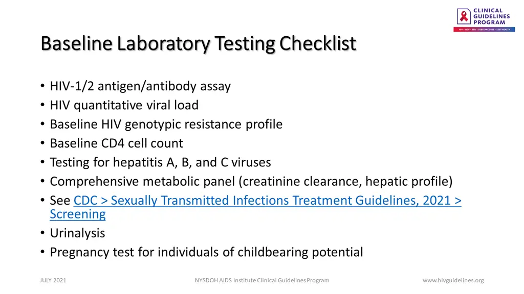 baseline laboratory testing checklist baseline