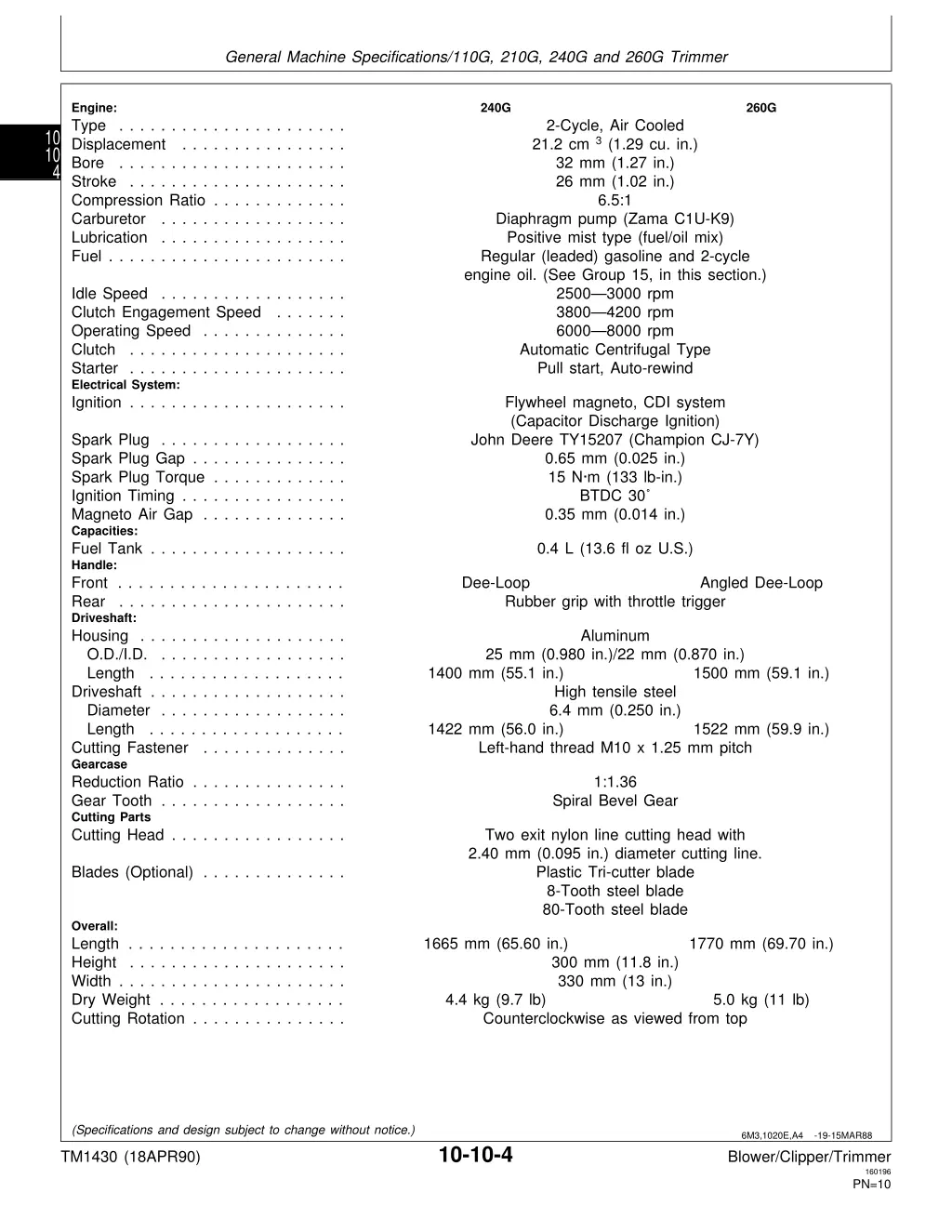 general machine specifications 110g 210g 240g 1