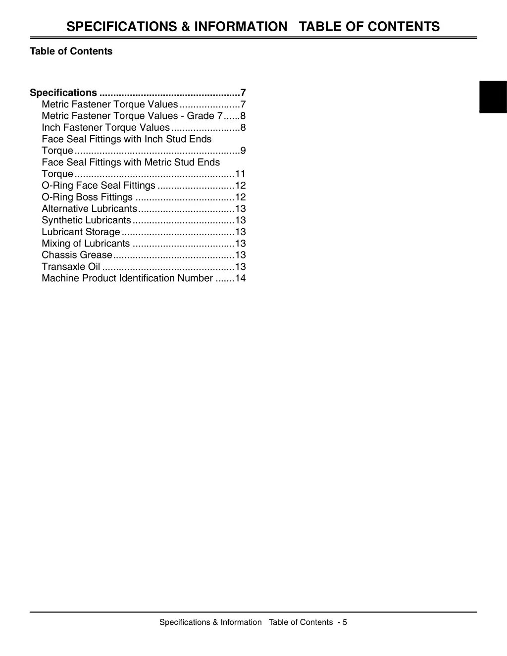 specifications information table of contents