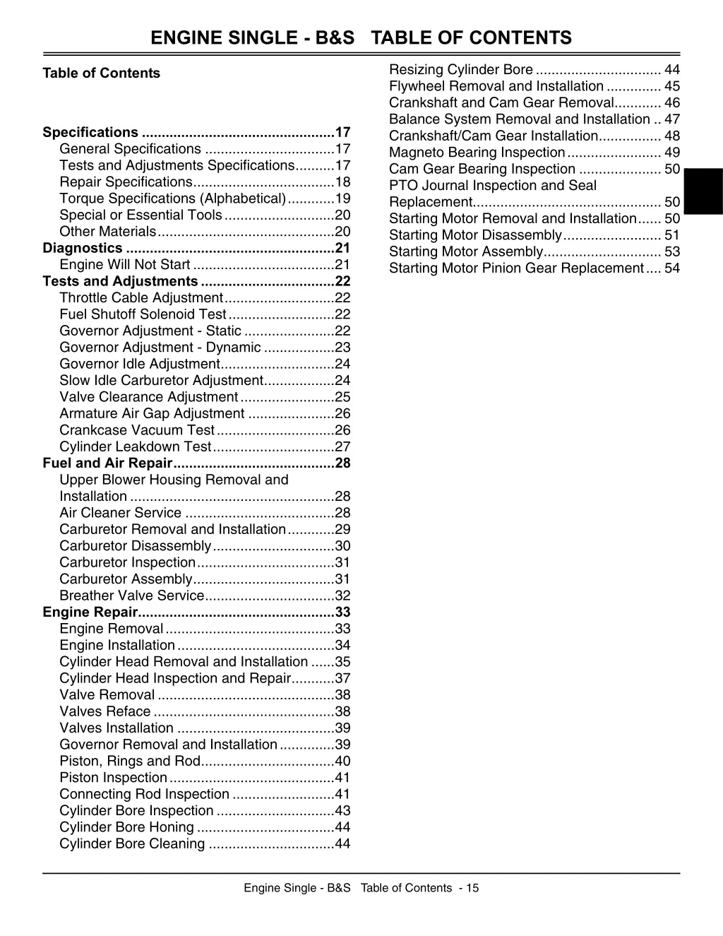 engine single b s table of contents