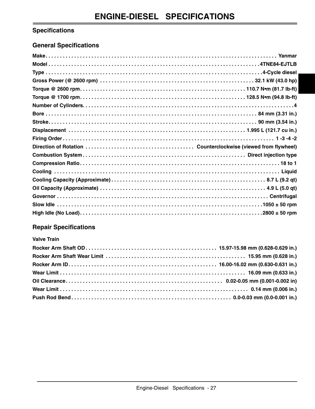 engine diesel specifications