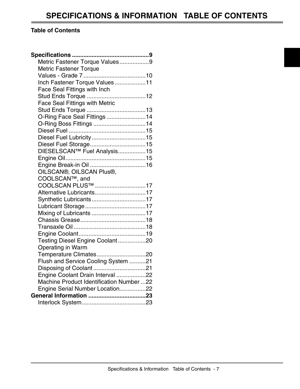 specifications information table of contents