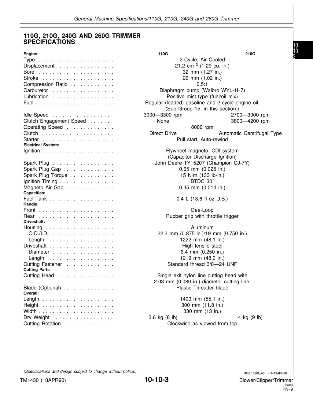 general machine specifications 110g 210g 240g