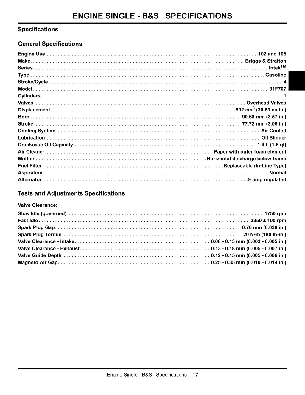 engine single b s specifications