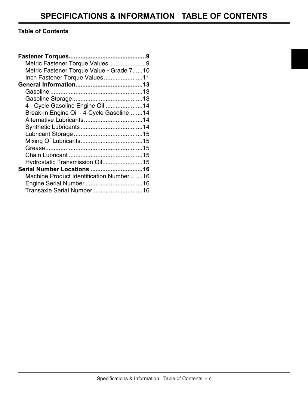 specifications information table of contents