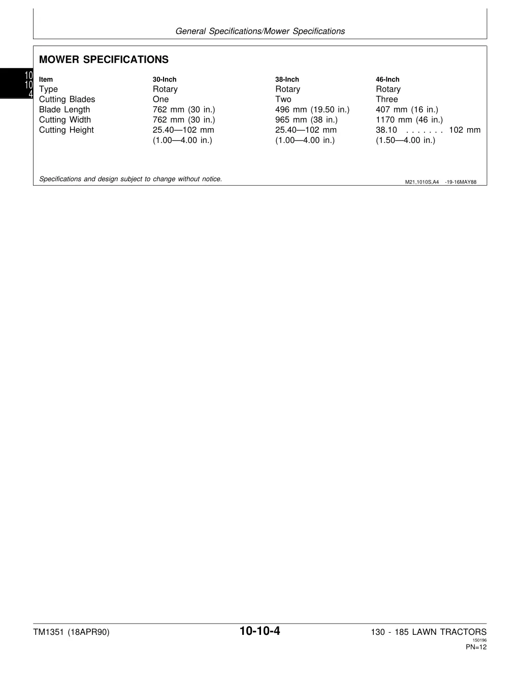 general specifications mower specifications