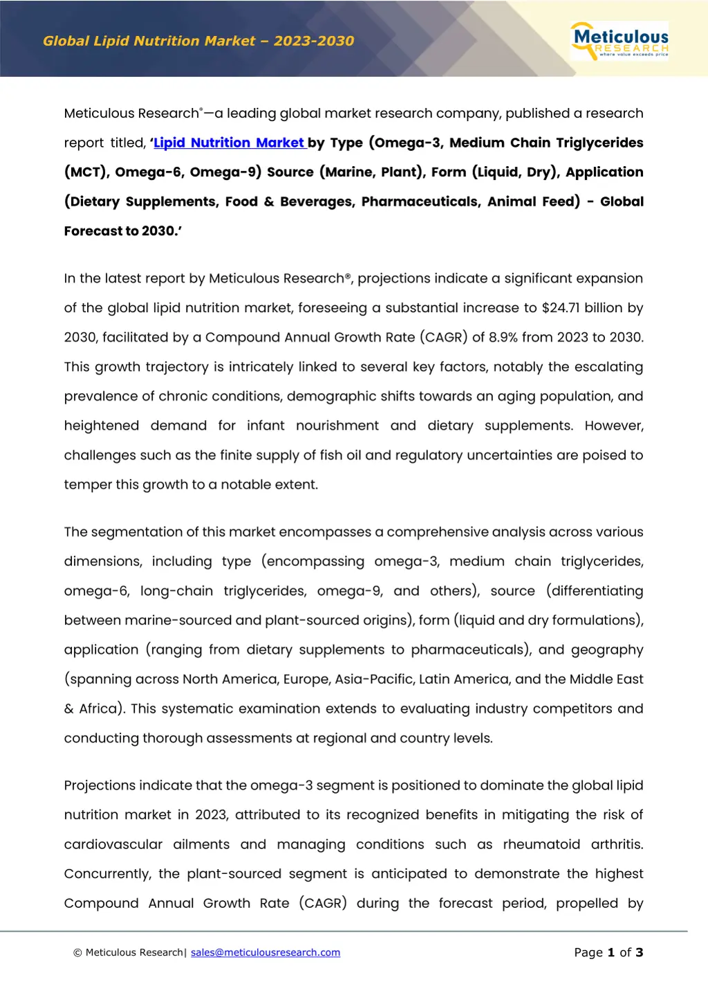 global lipid nutrition market 2023 2030