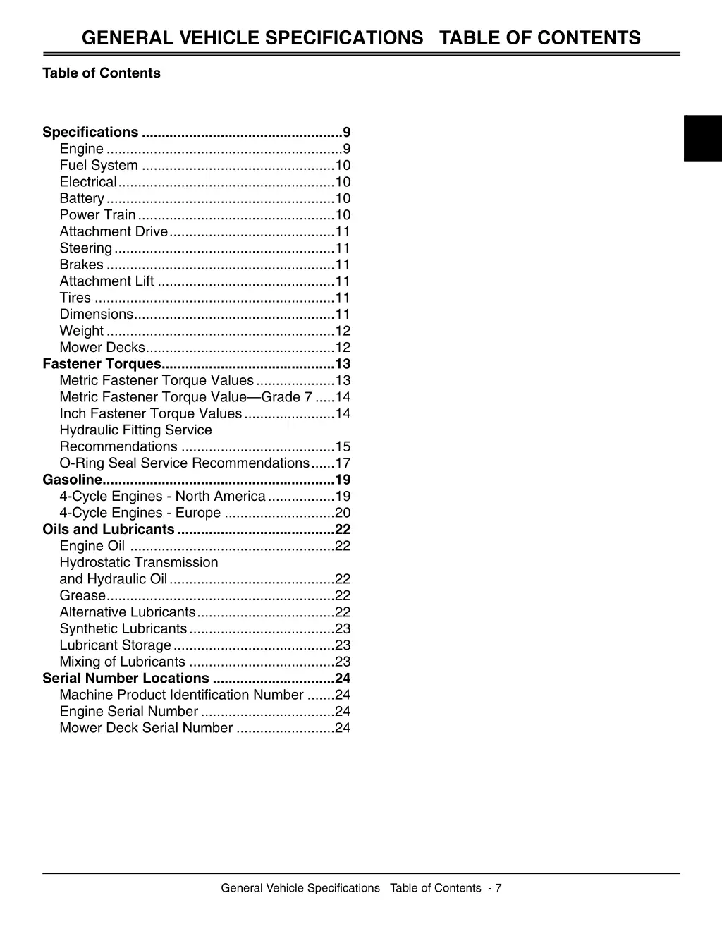 general vehicle specifications table of contents