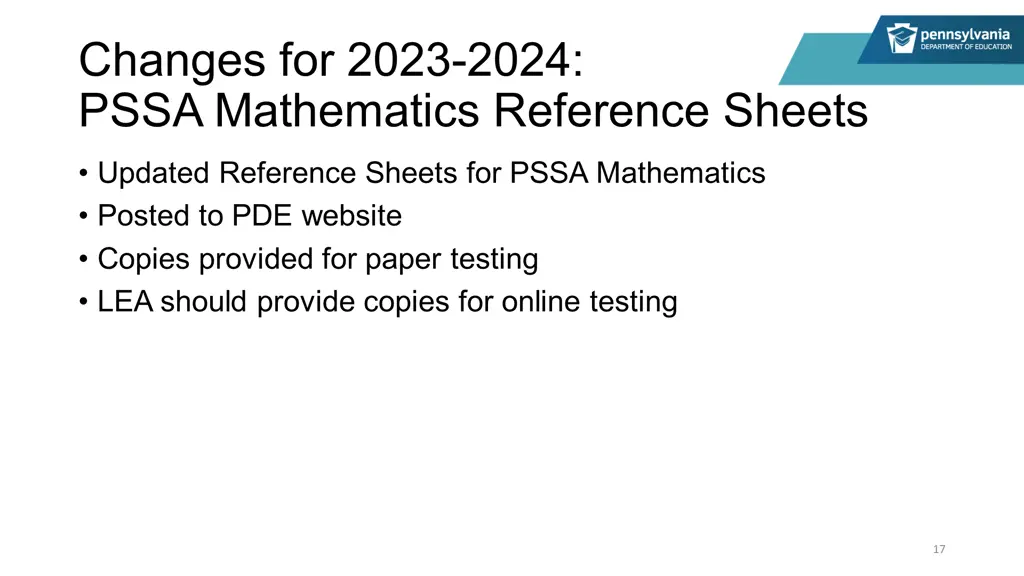 changes for 2023 2024 pssa mathematics reference