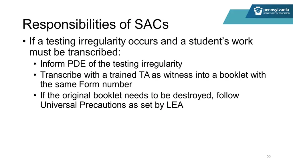 responsibilities of sacs if a testing