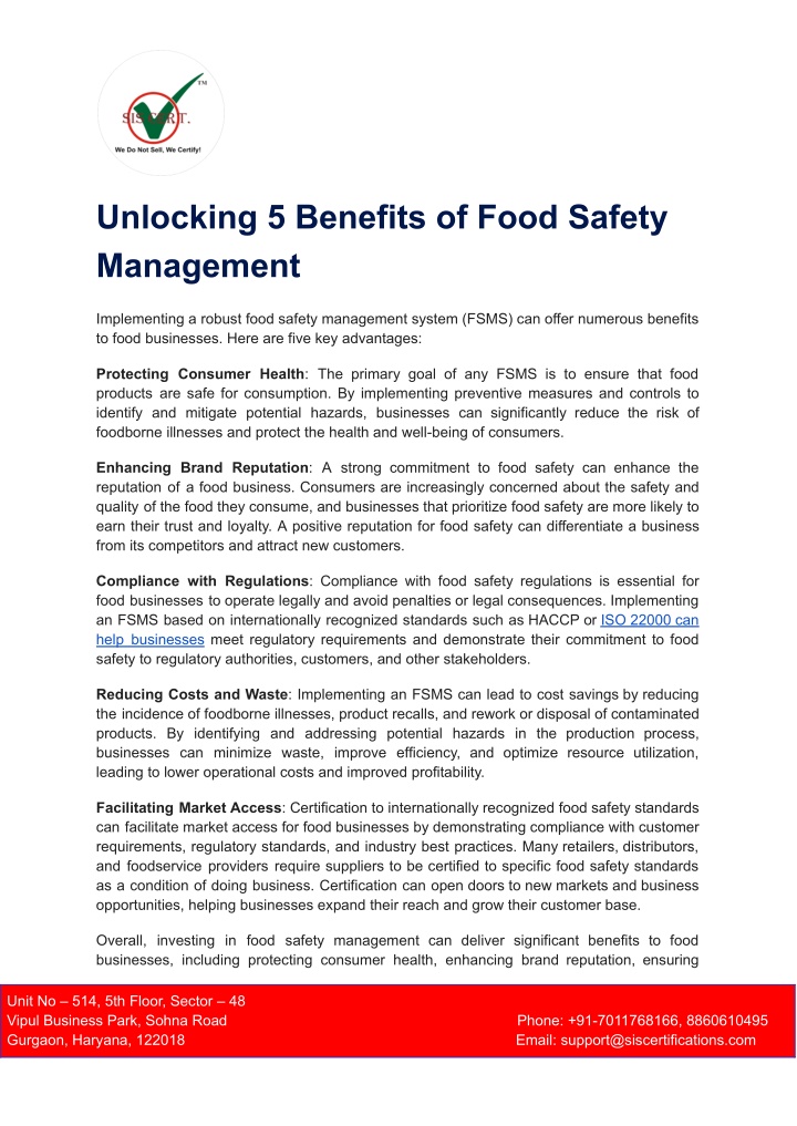 unlocking 5 benefits of food safety management