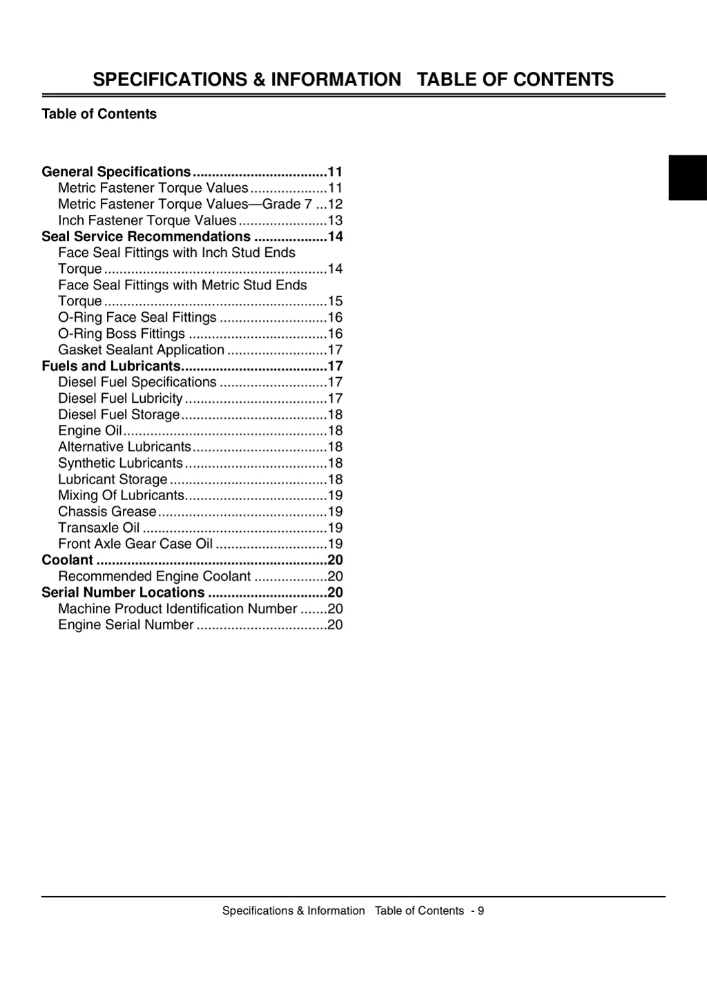 specifications information table of contents