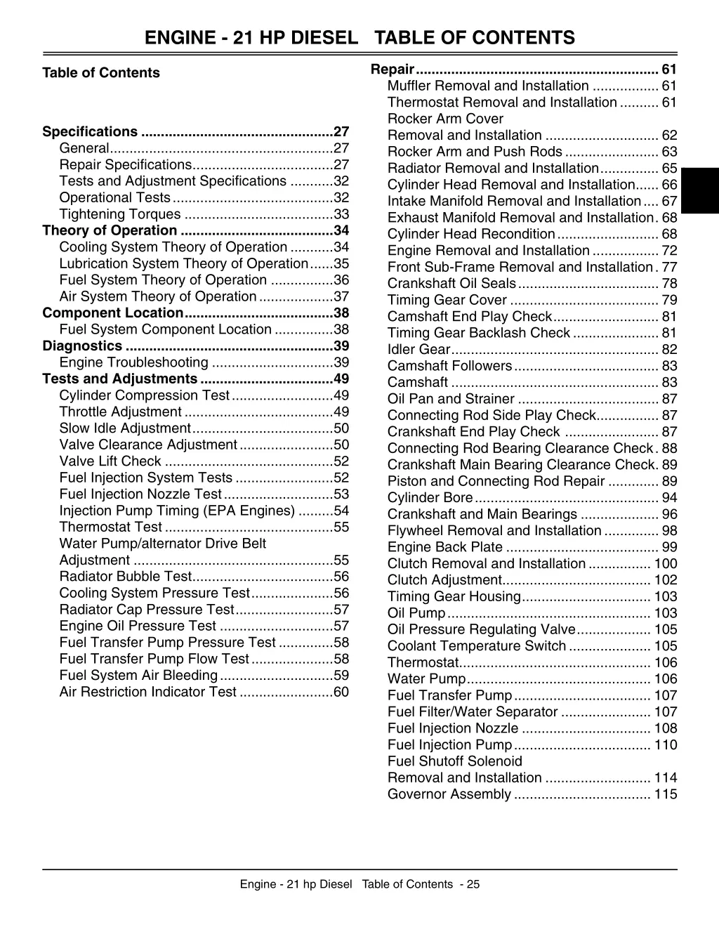 engine 21 hp diesel table of contents