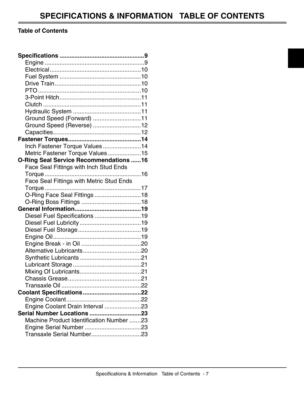 specifications information table of contents