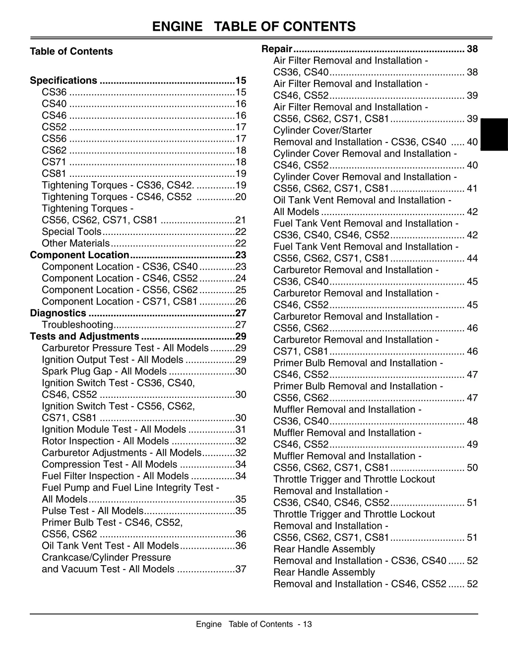 engine table of contents