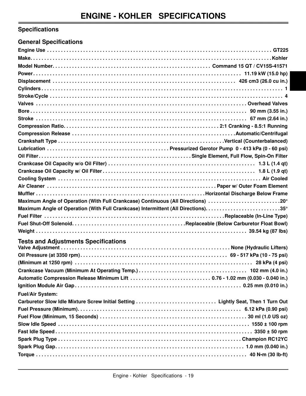 engine kohler specifications