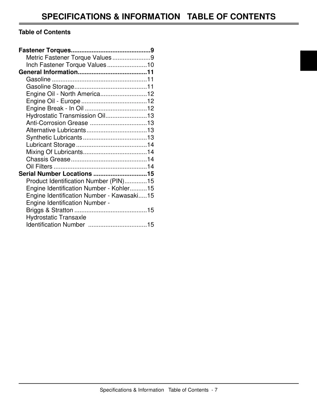 specifications information table of contents