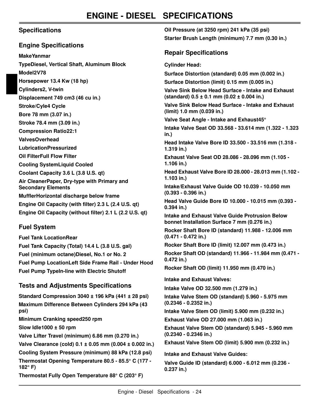 engine diesel specifications