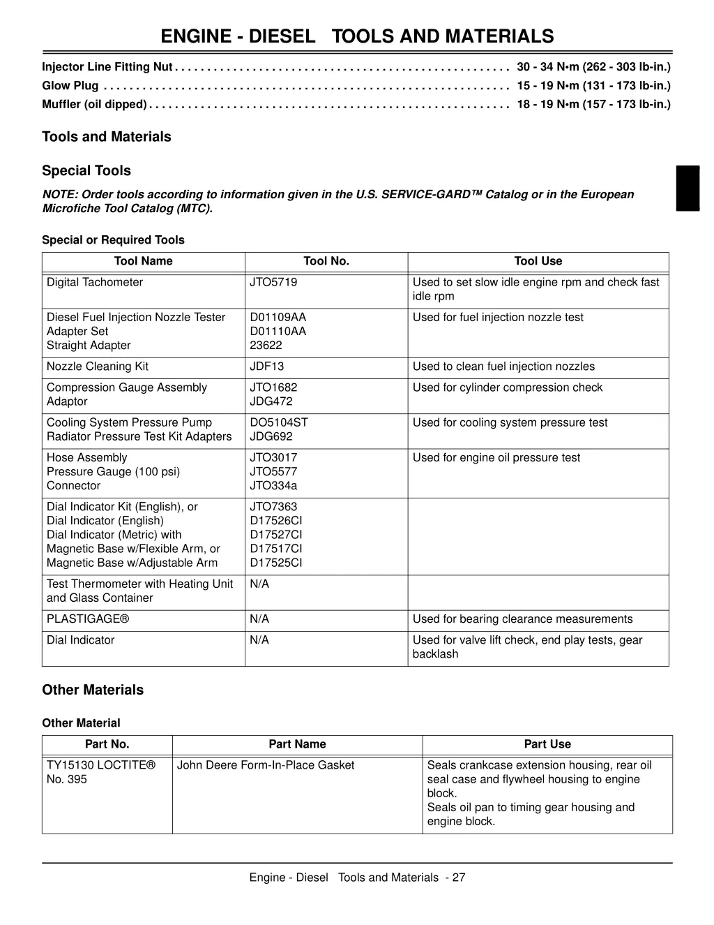 engine diesel tools and materials