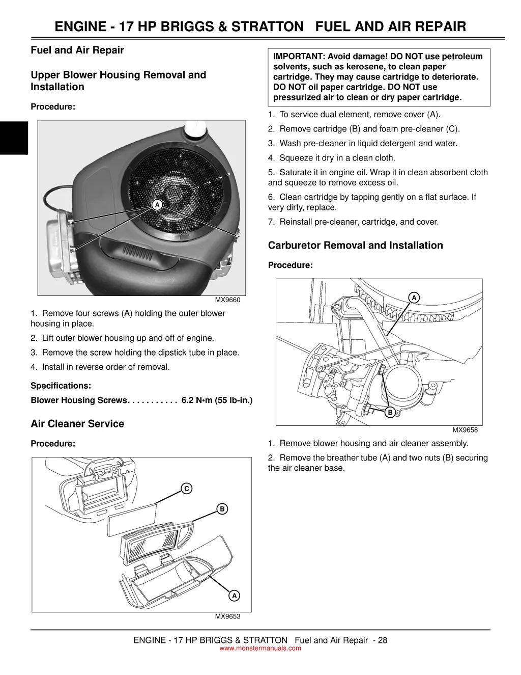 engine 17 hp briggs stratton fuel and air repair