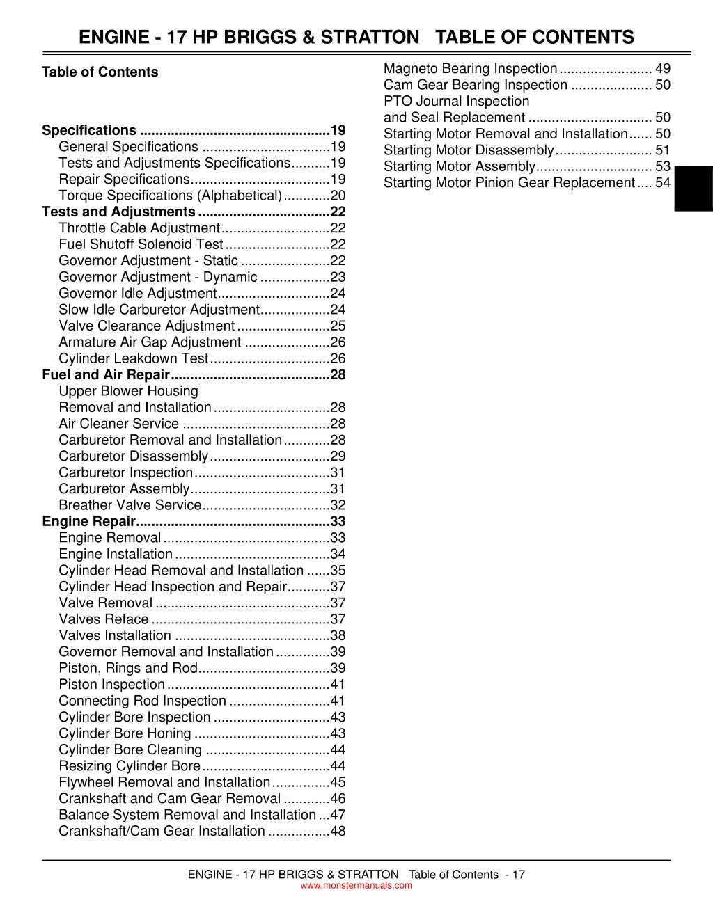 engine 17 hp briggs stratton table of contents