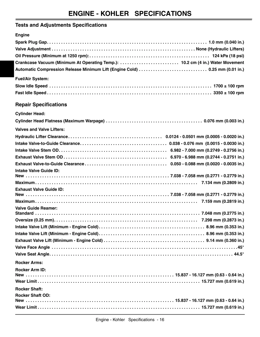 engine kohler specifications 1