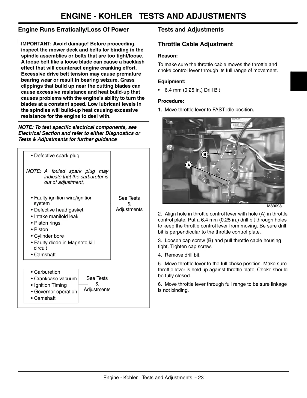 engine kohler tests and adjustments